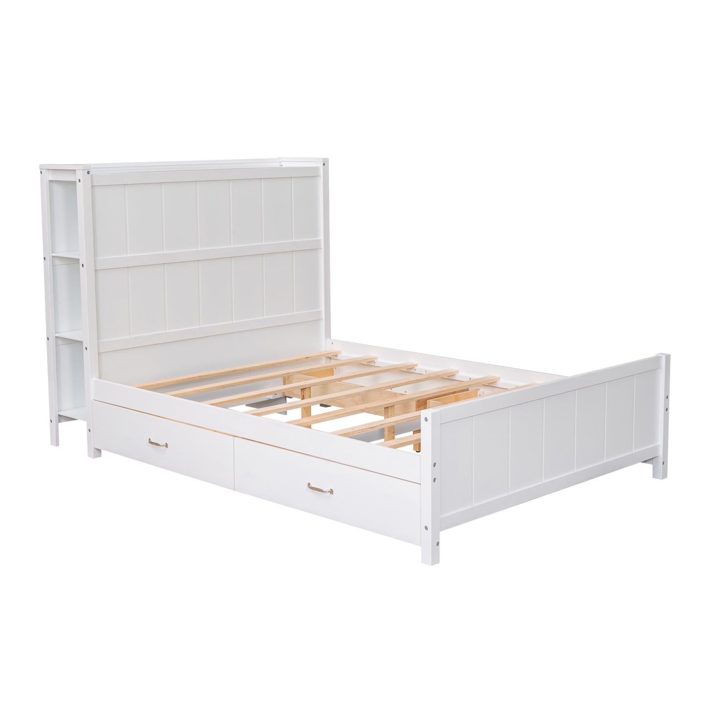 Full Size Platform Bed with Drawers and Storage Shelves, White