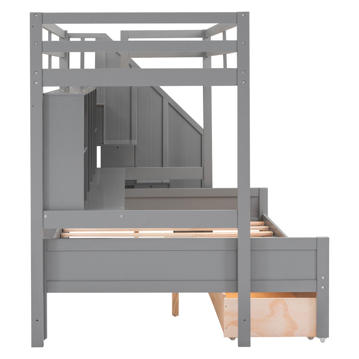 Gray Twin XL over Full Bunk Bed with Study Desk and Storage Solution