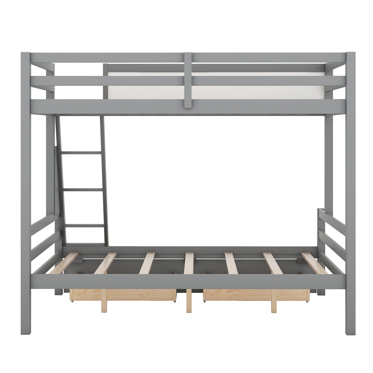 Grey Wood Twin over Full Bunk Bed with Whiteboard, 3 Hooks, and 2 Drawers - Innovative Storage Solution Twin over Full Bunk Bed