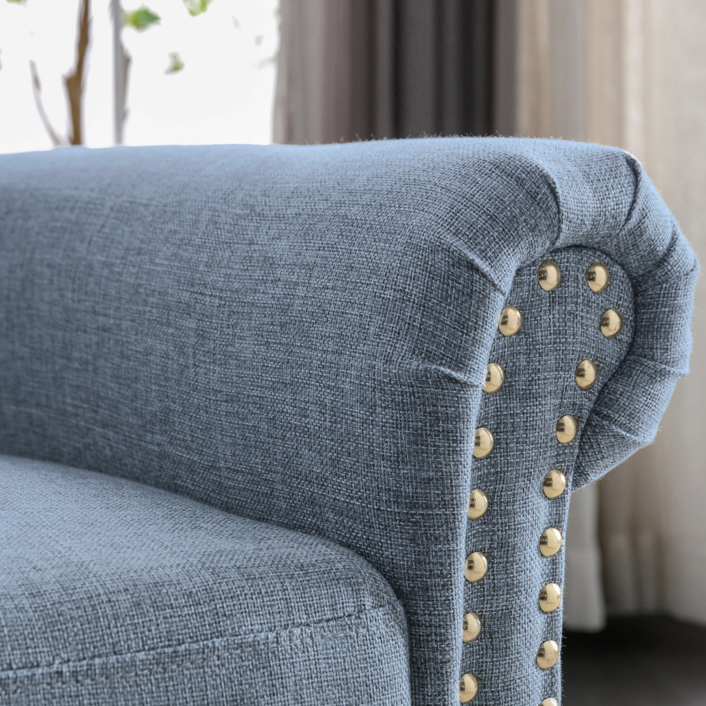 Luxurious Blue Linen Recliner with Pushback Function and Nailhead Trim