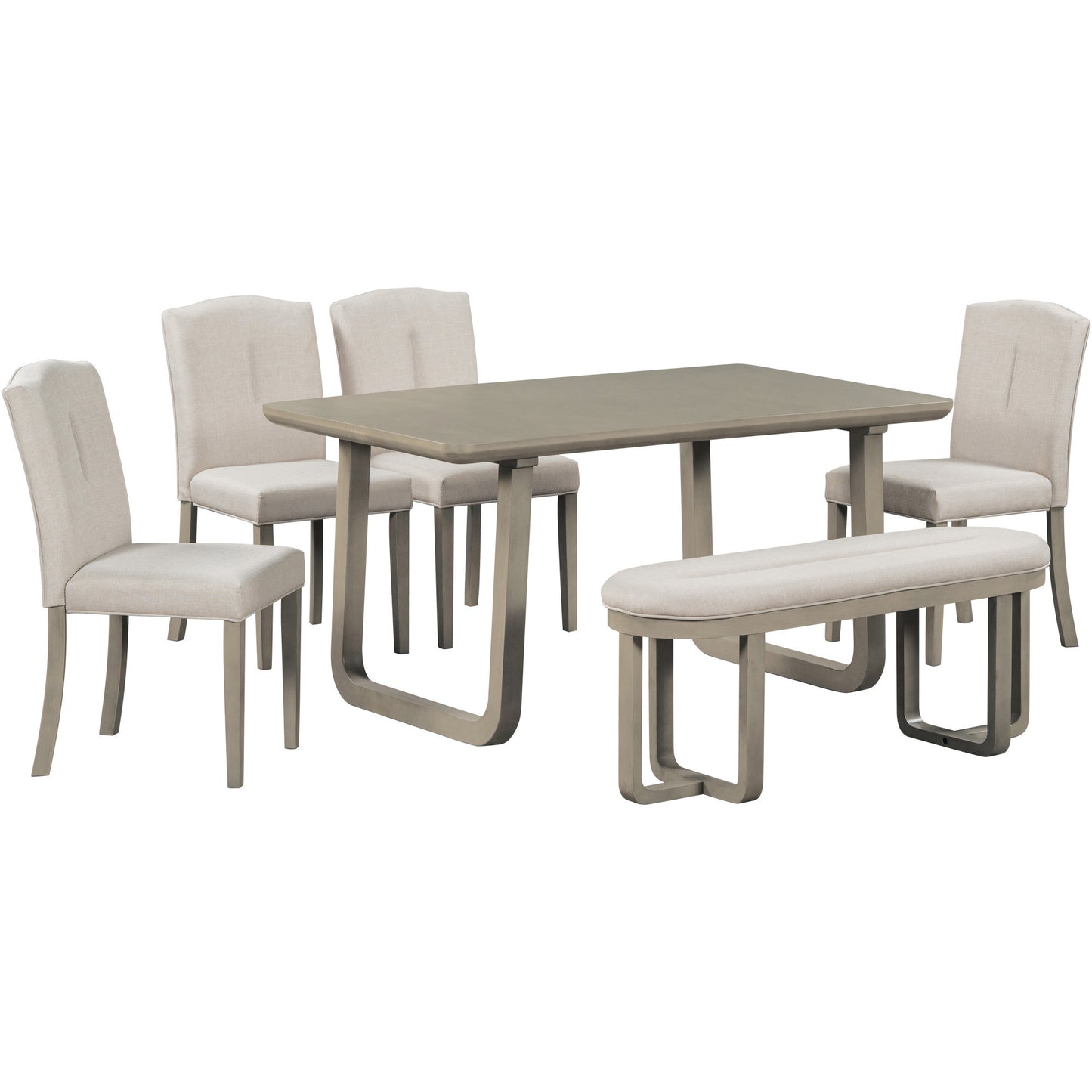 TREXM 6-Piece Retro-Style Dining Set Includes Dining Table, 4 Upholstered Chairs & Bench with Foam-covered Seat Backs&Cushions for Dining Room (Light Khaki+Beige)