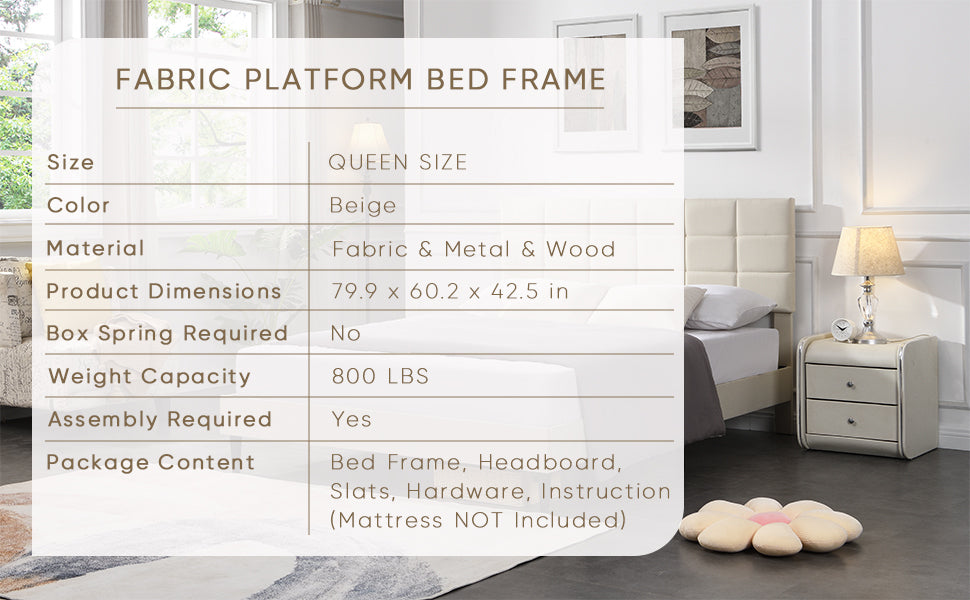 Queen Size Platform Bed Frame with Fabric Upholstered Headboard and Wooden Slats, No Box Spring Needed/Easy Assembly, Beige