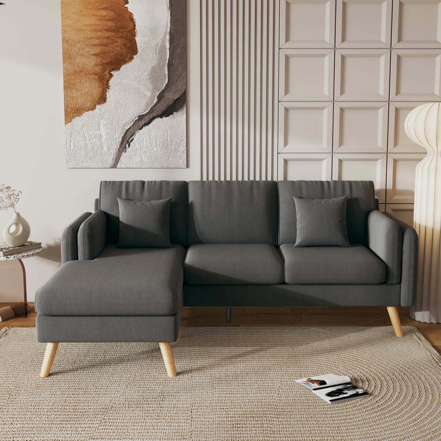 L-Shaped Dark Gray Sofa with Interchangeable Footrests and Double Armrests