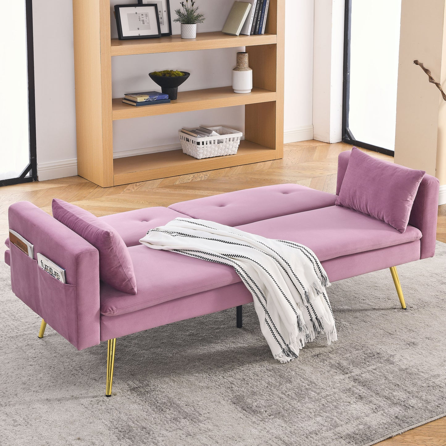 72.5 Pink Velvet Convertible Sofa Bed with Adjustable Backrest