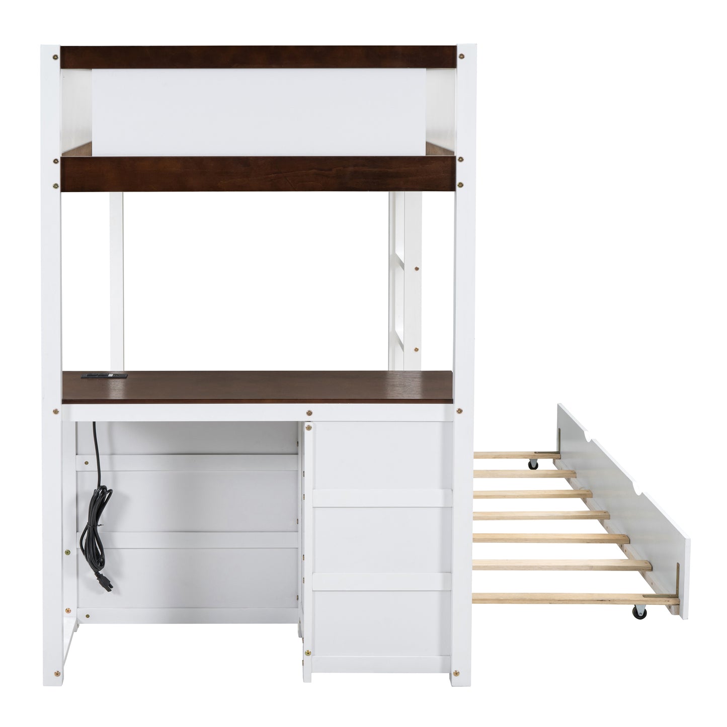 Twin Bunk Bed with Trundle, Storage, Desk, White-Walnut Finish & Maximized Space Storage Solution