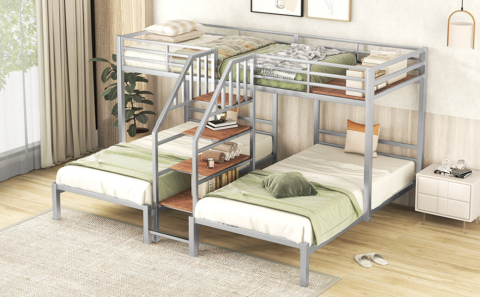 Three-Tiered Metal Bunk Bed with Storage and Staircase, Silver Twin over Twin