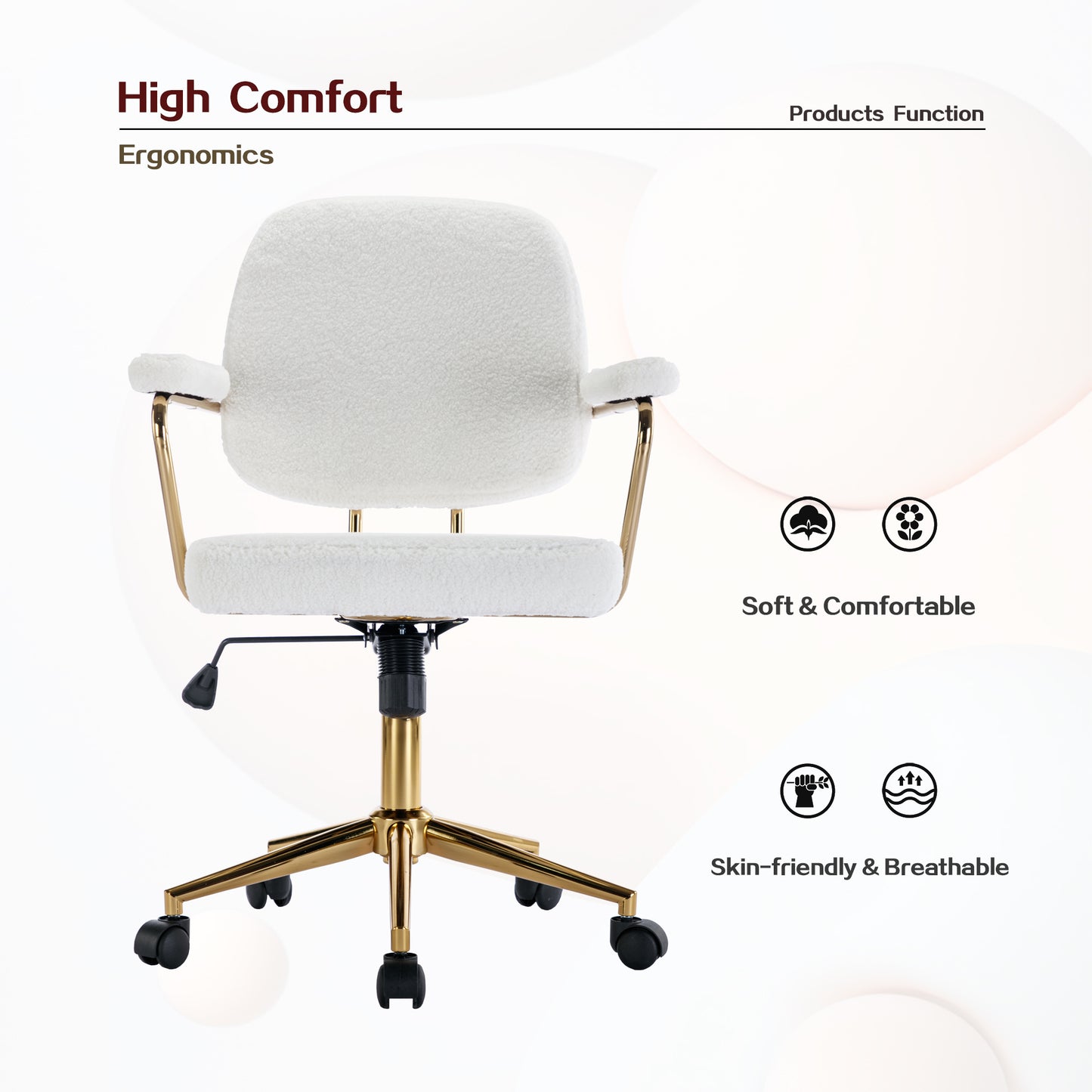 Teddy Velvet Makeup Office Desk Chair Bling Desk,Cute Vanity Chair with Side Arms and Wheels 360°,Bling Desk Nail Desk for Women, Adjustable Height,White