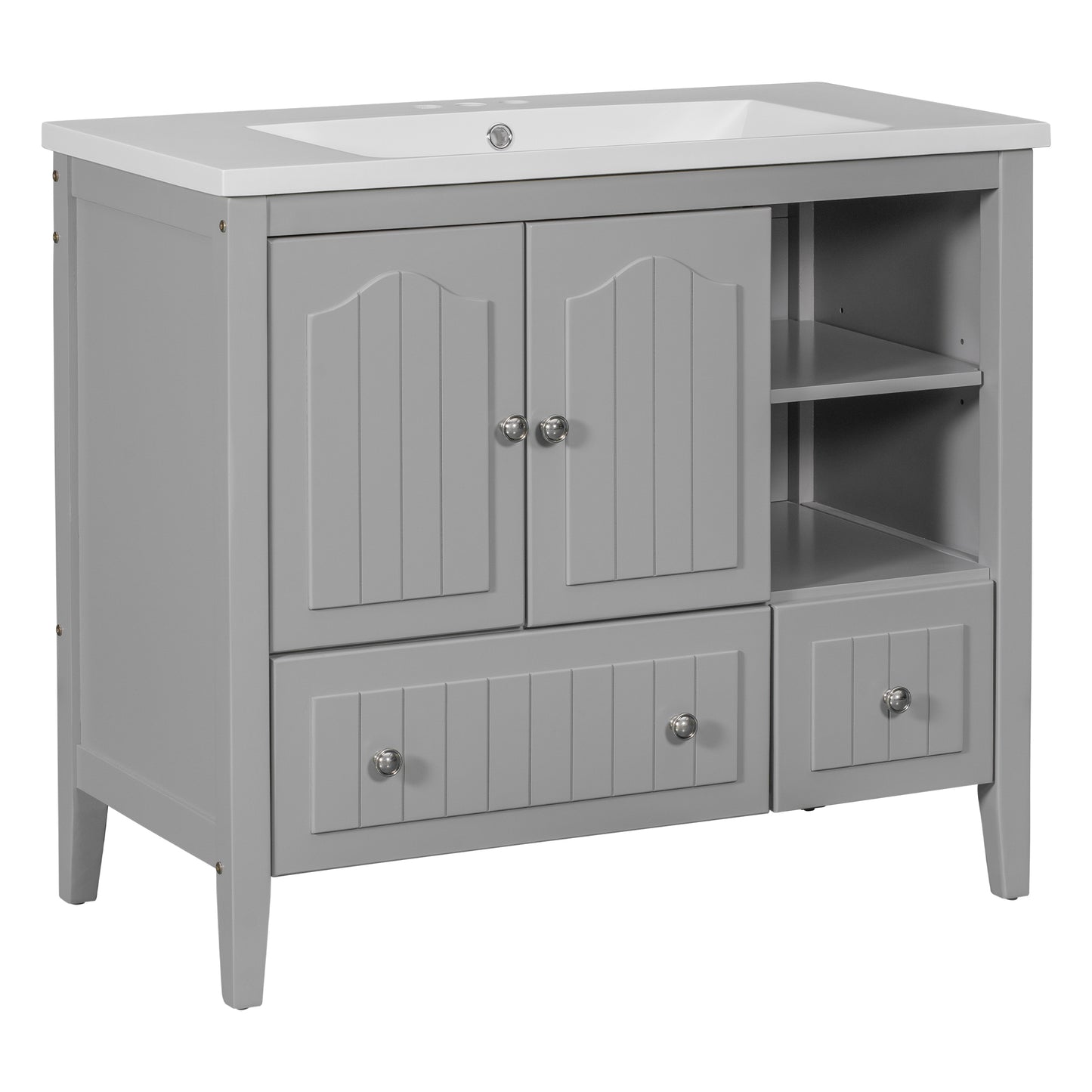 36" Bathroom Vanity with Ceramic Basin, Bathroom Storage Cabinet with Two Doors and Drawers, Solid Frame, Metal Handles, Grey