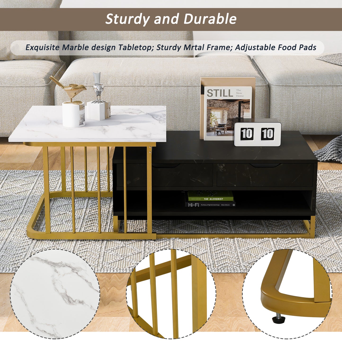 Elegant Marble Coffee Table Set with Metallic Finish and Storage Options