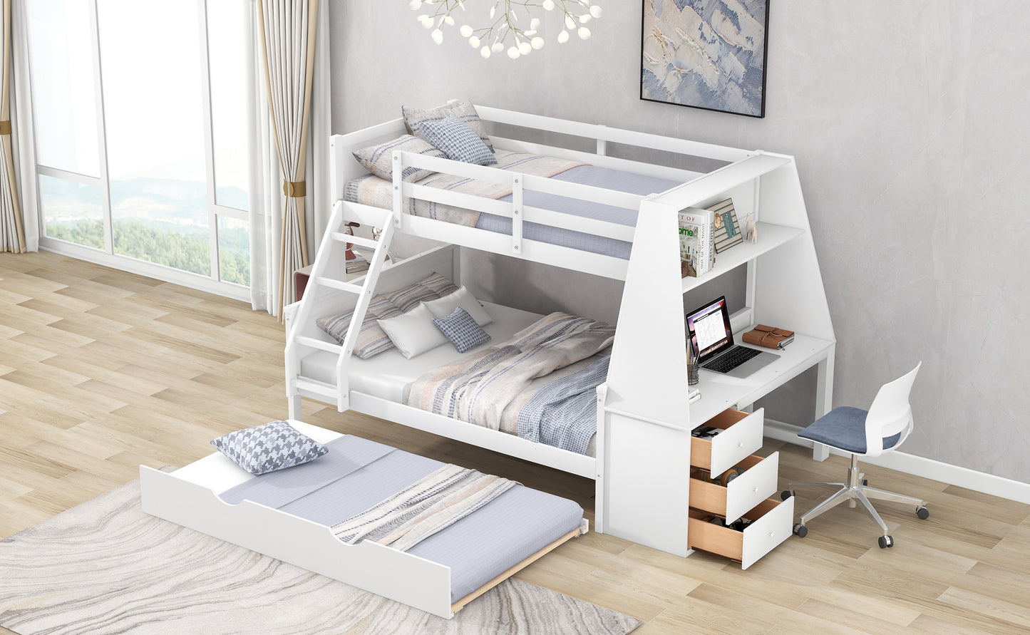 Space-Saving Twin over Full Bunk Bed with Built-in Desk and Trundle - White