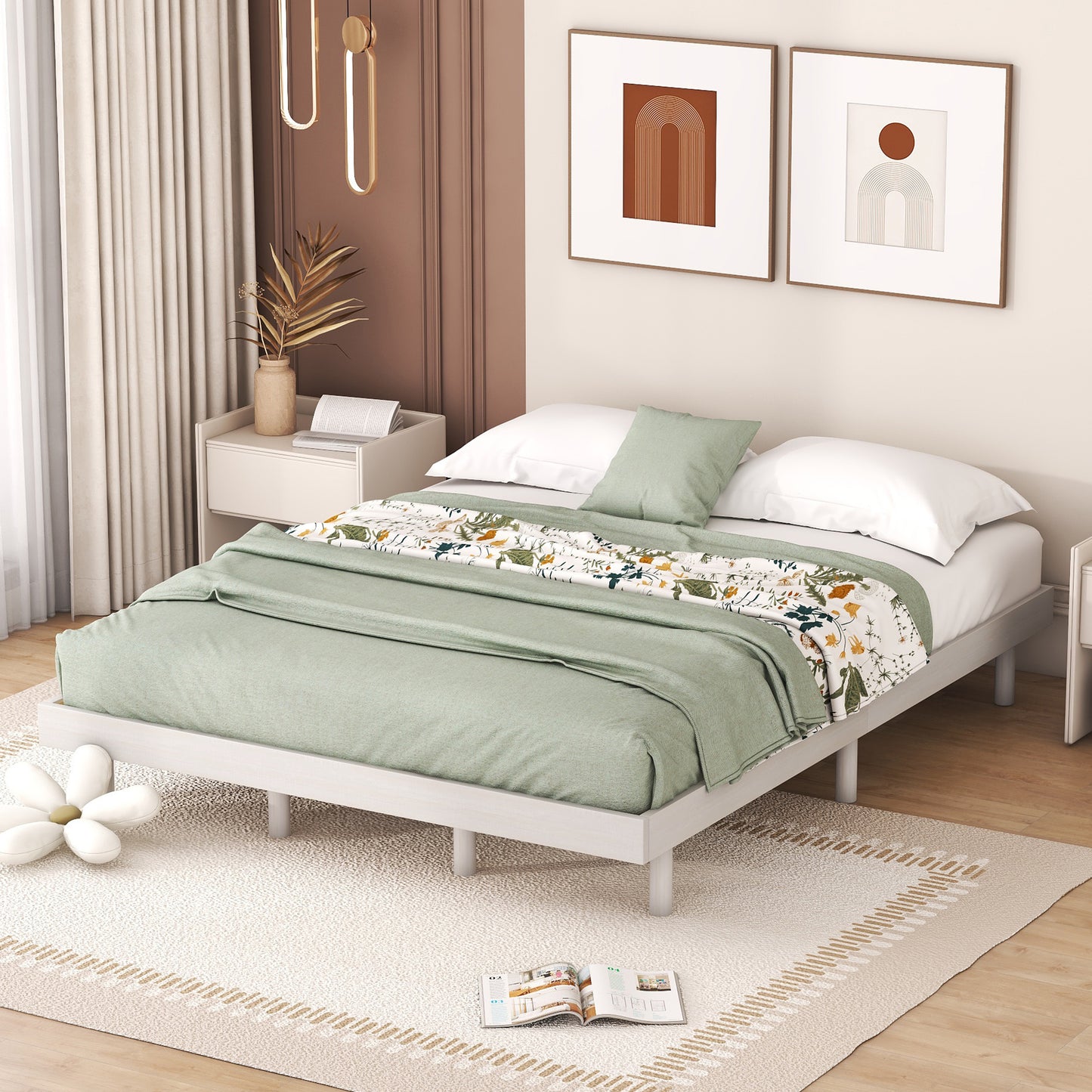 Modern Design Queen Floating Platform Bed Frame for White Washed Color