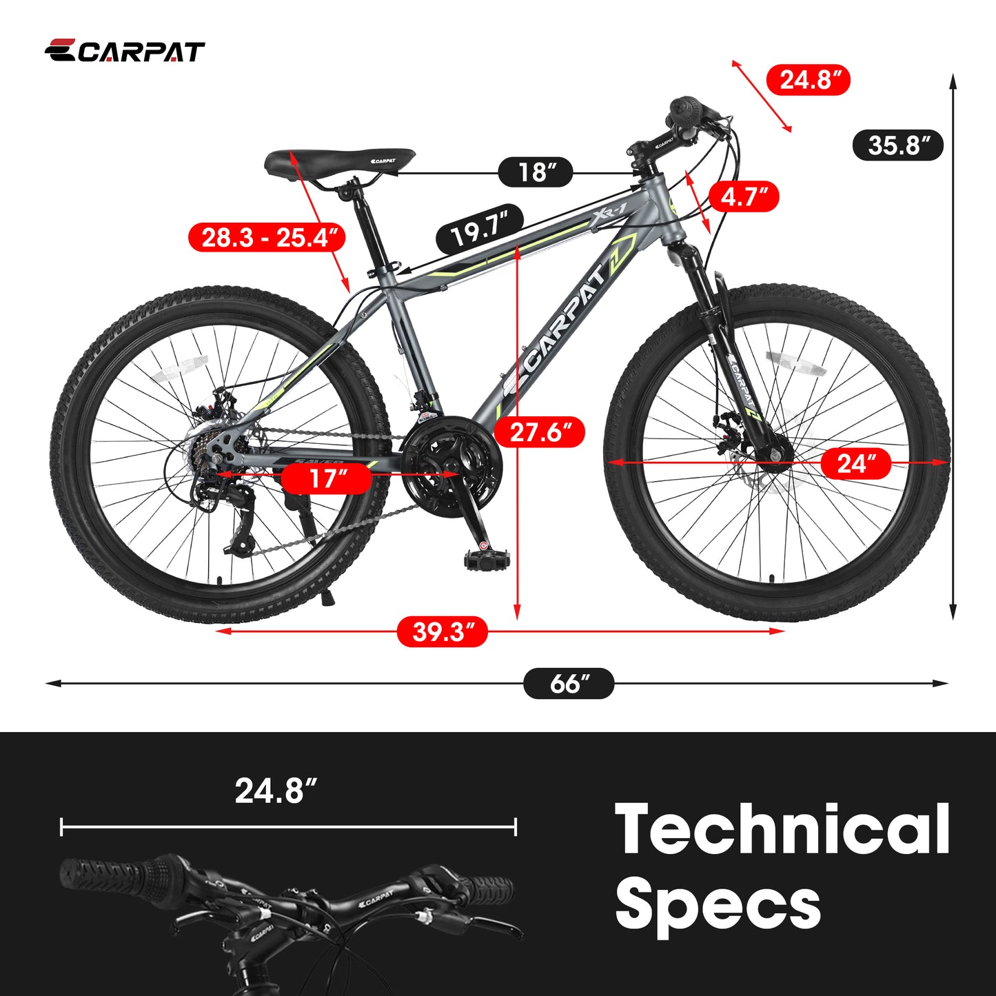 S24102   24 Inch Mountain Bike Boys Girls, Steel  Frame, Shimano 21 Speed Mountain Bicycle with Daul Disc Brakes and Front Suspension MTB