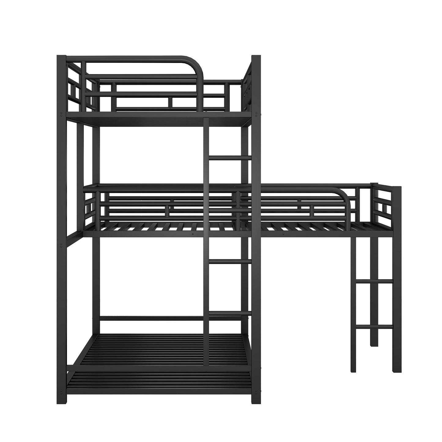 Black Metal Triple Bunk Bed with Desk and L-shaped Design