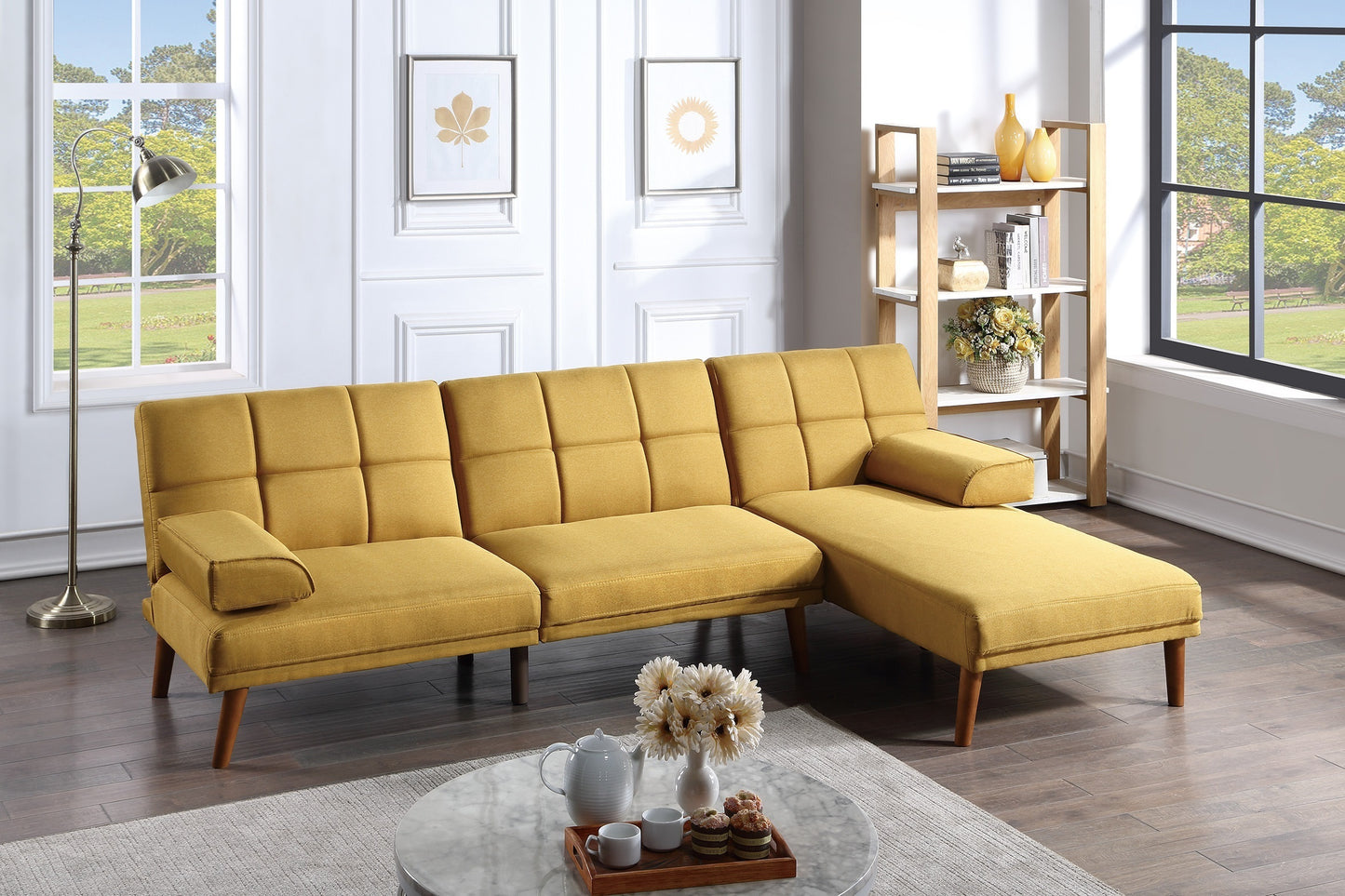 Mustard Polyfiber 1pc Adjustable Tufted Sofa Living Room Solid wood Legs Comfort Couch