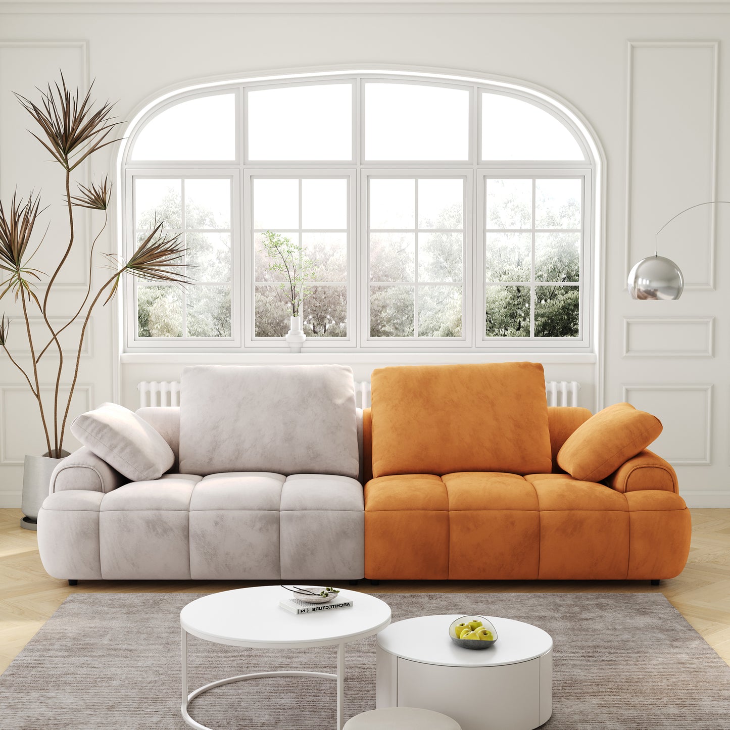 86.6″ Modern Beige and Yellow Upholstered Sofa with Two-Seat Capacity