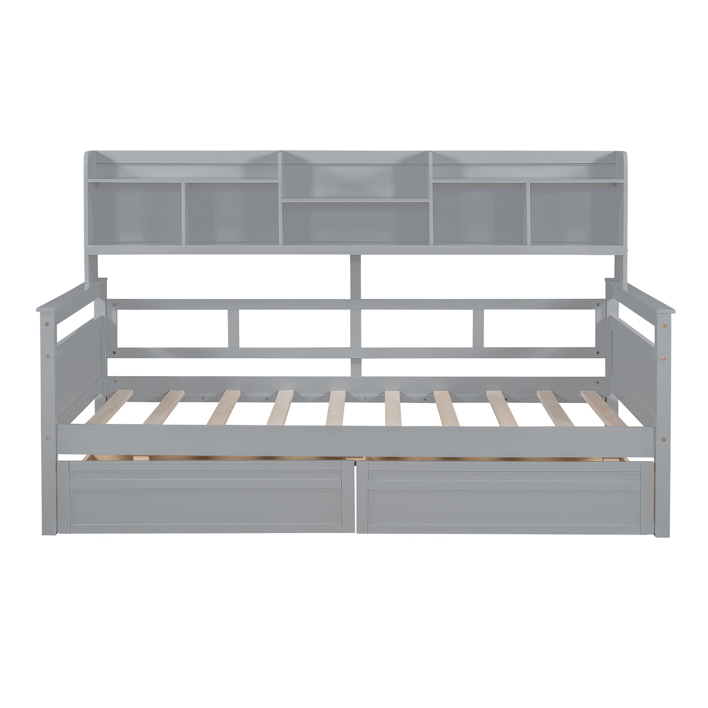 Twin size Daybed, Wood Slat Support, with Bedside Shelves and Two Drawers, Gray