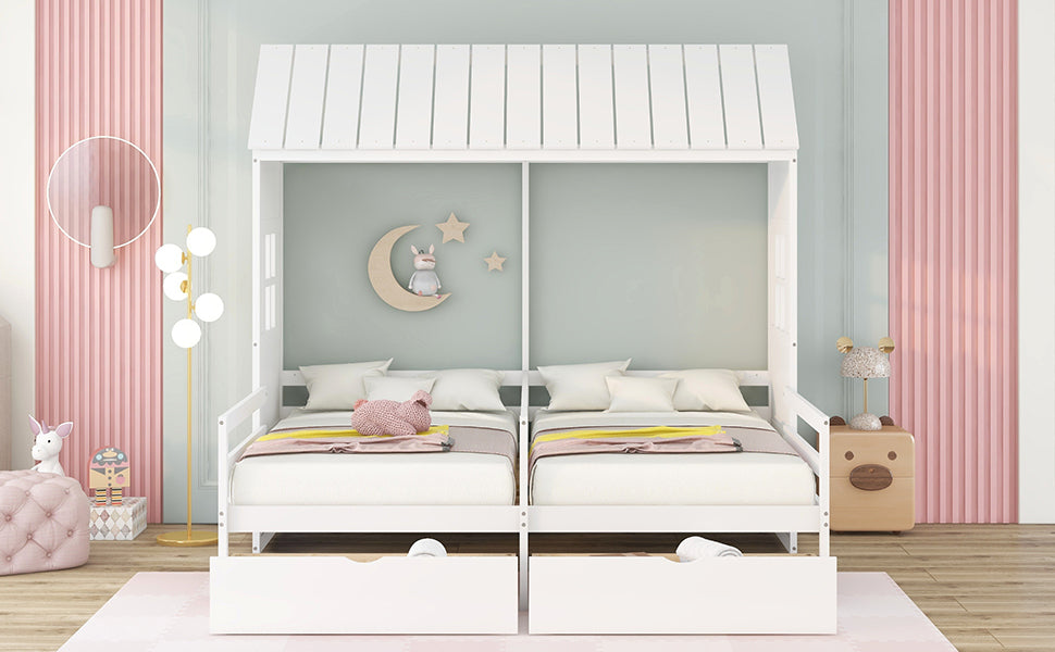 Twin Twin House Bed with 2 Drawers, White