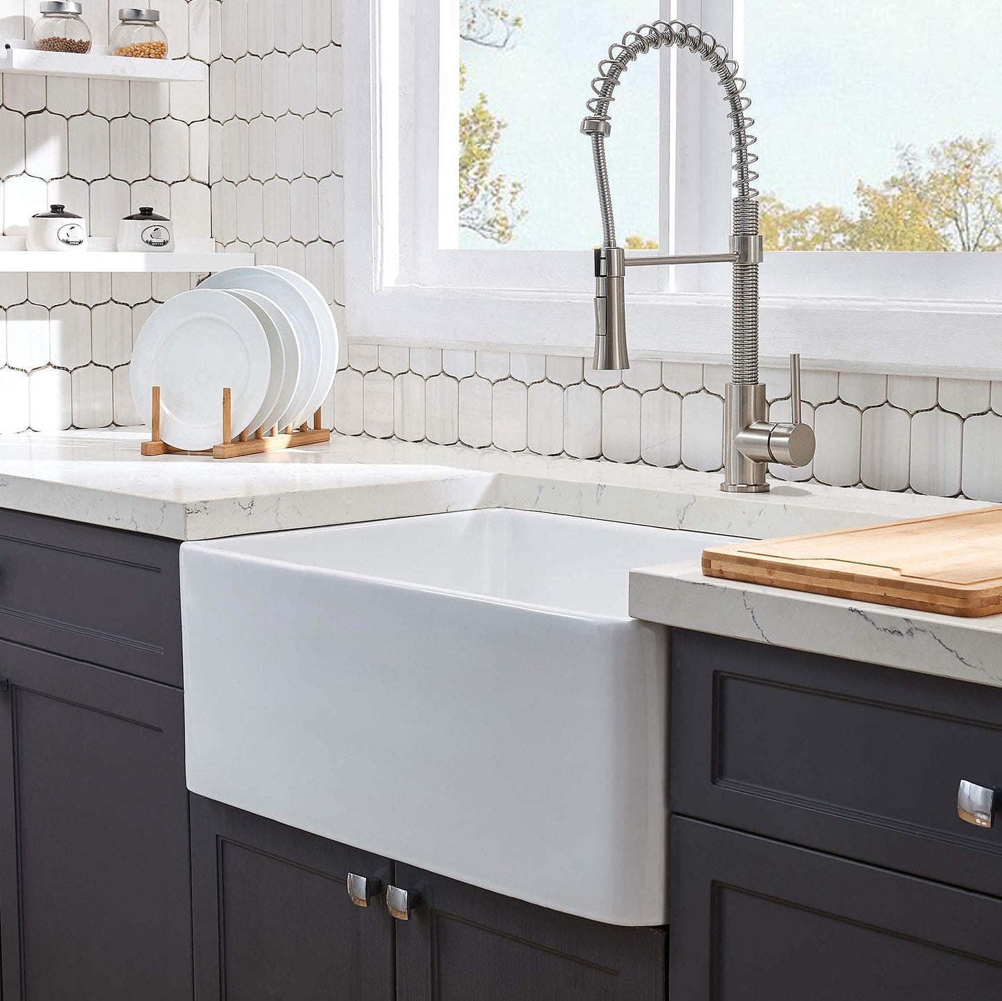 Elegant Fireclay Farmhouse Kitchen Sink with Reversible Design