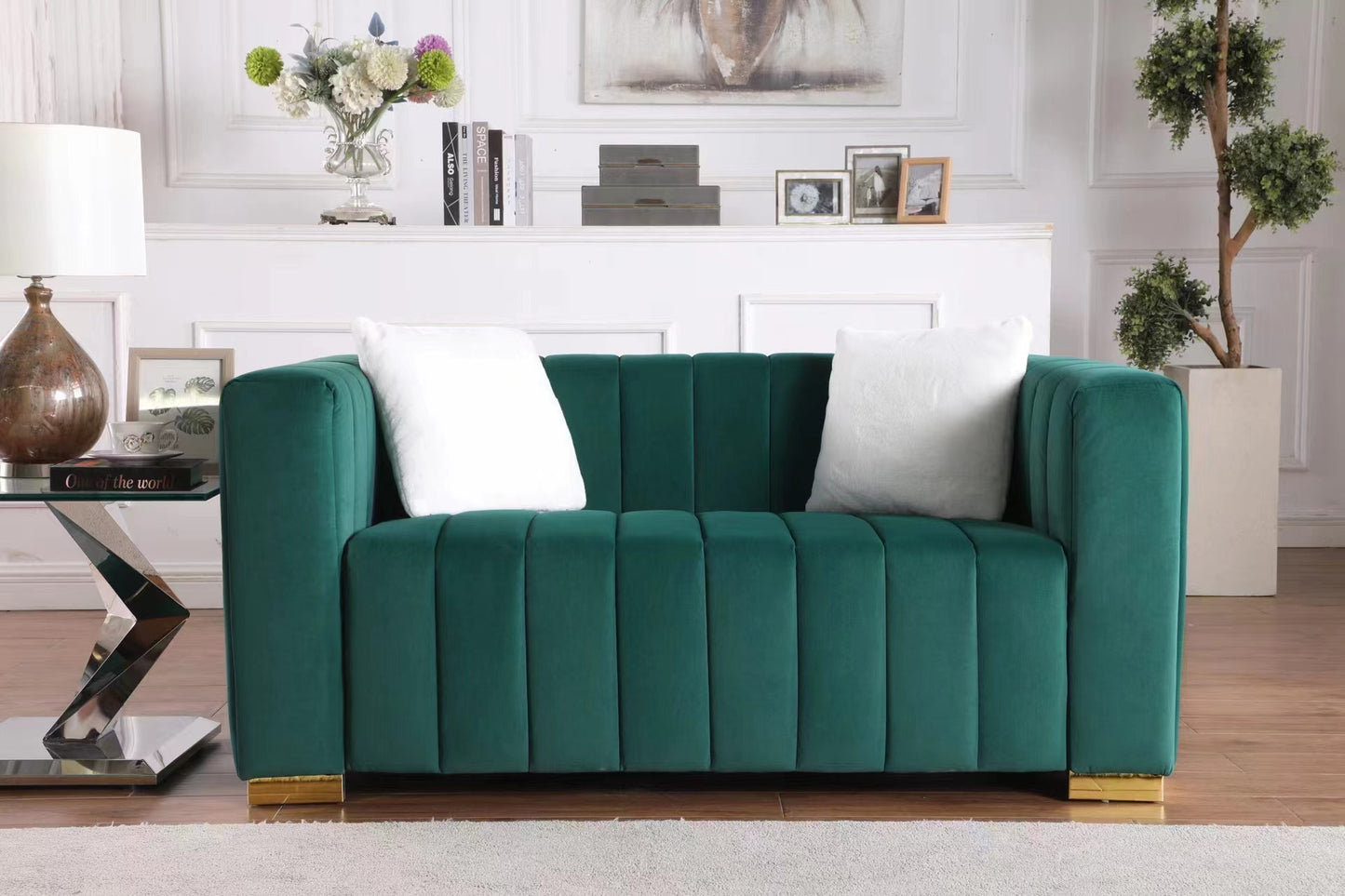 Chesterfield Inspired Dark Green Velvet Sofa Set with 3 Seater and Loveseat