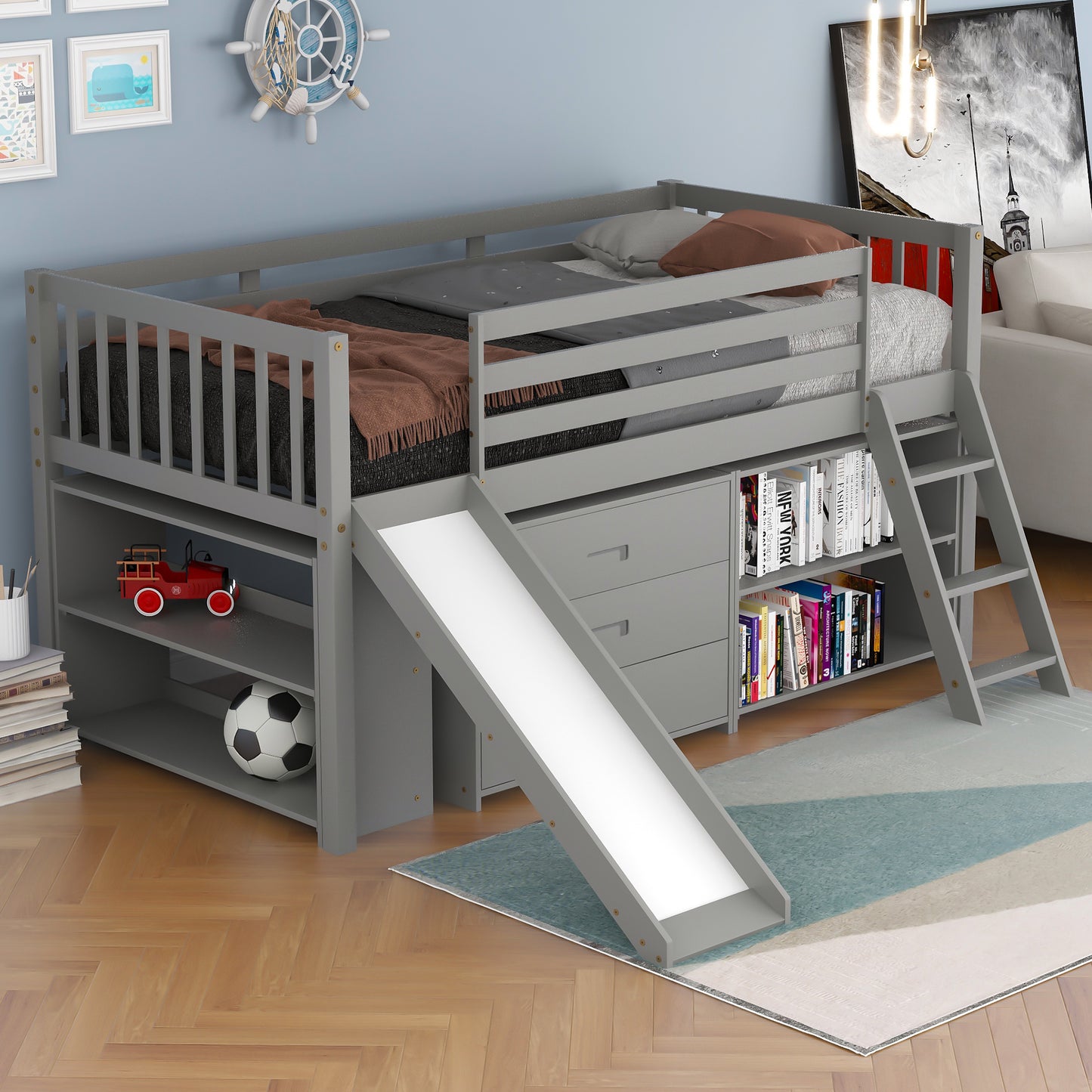 Low Loft Bed with Attached Bookcases and Separate 3-tier Drawers,Convertible Ladder and Slide,Twin,Gray