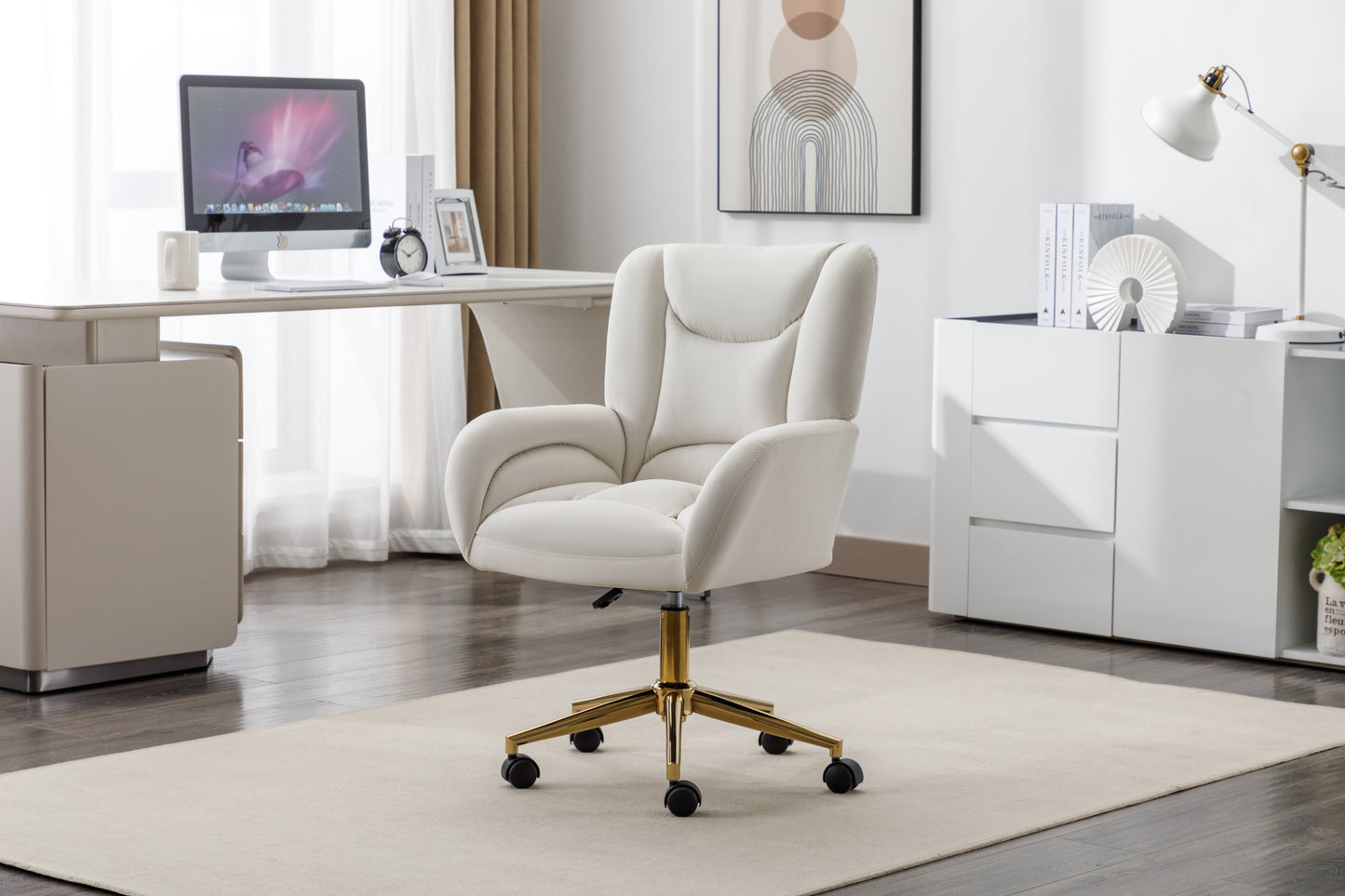 005-Velvet Fabric 360 Swivel Home Office Chair With Gold Metal Base And Universal Wheels,Ivory