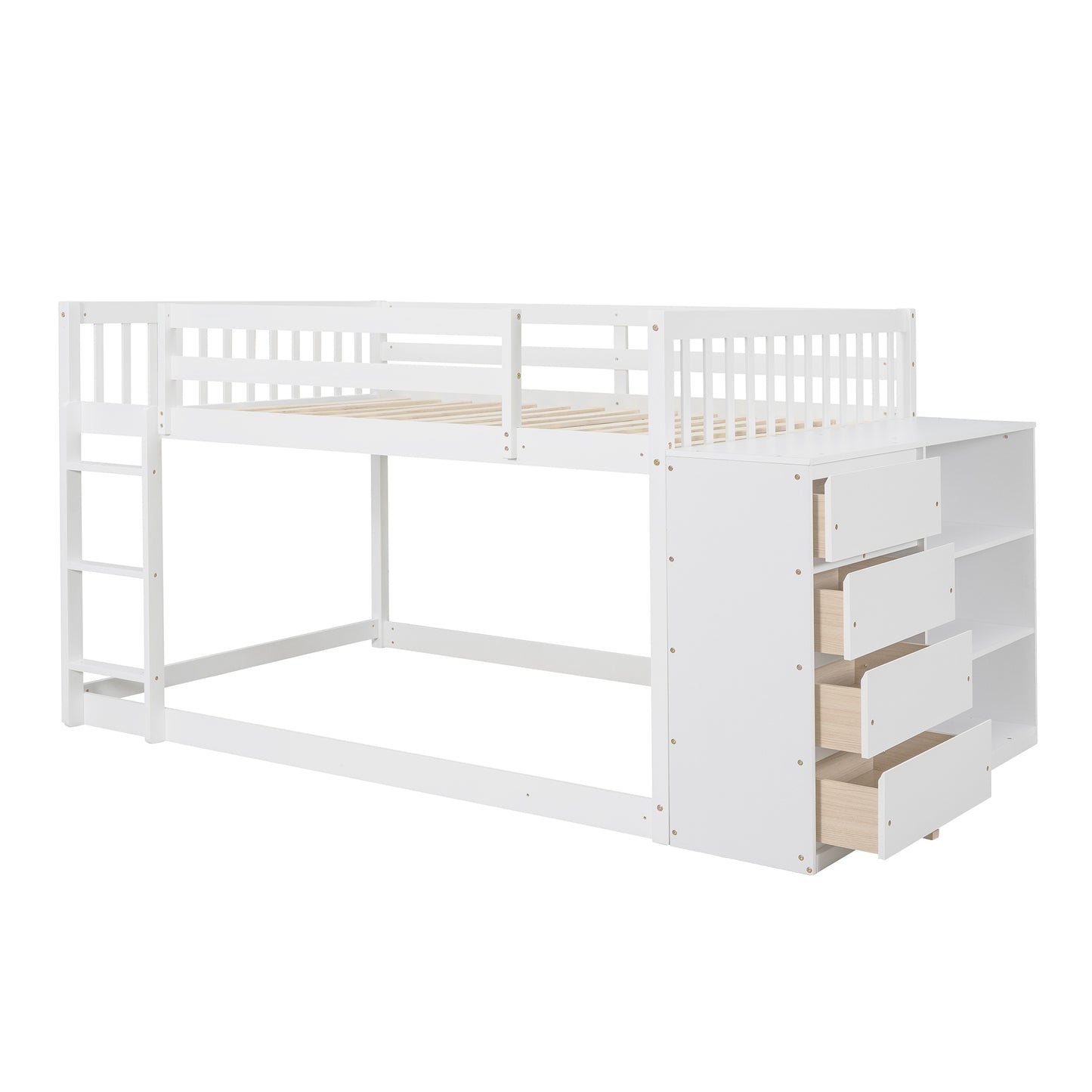 White Full over Full Bunk Bed with Storage, Shelves, and Drawers