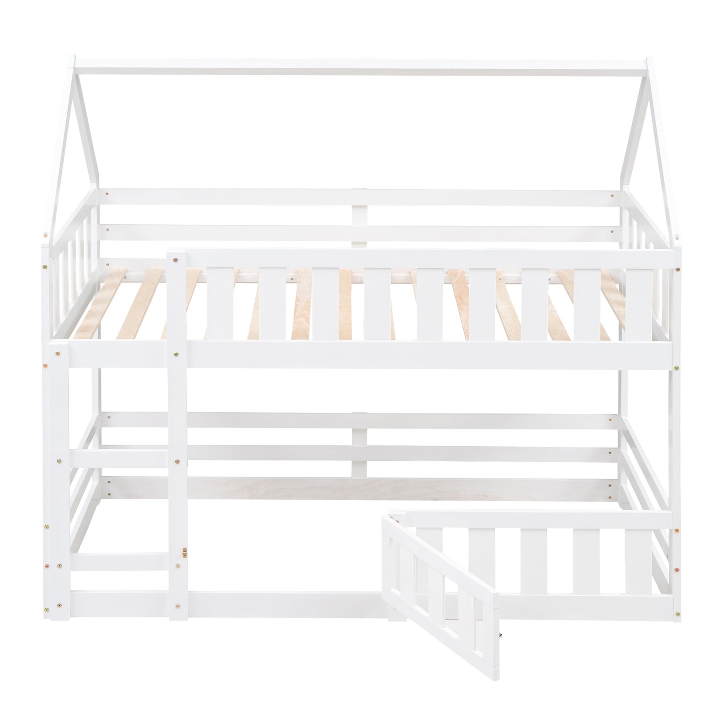 Enchanted White Twin over Twin House Bunk Bed with Playful Fence and Entryway