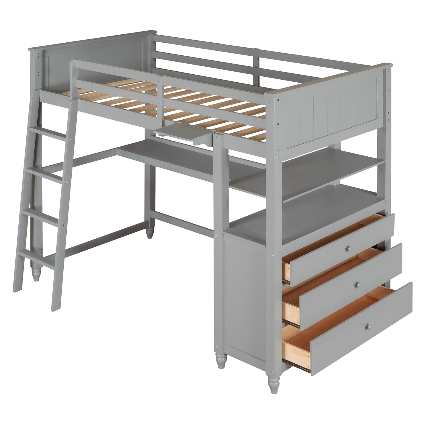 Twin size Loft Bed with Drawers and Desk, Wooden Loft Bed with Shelves - Gray(: LT001530AAE)