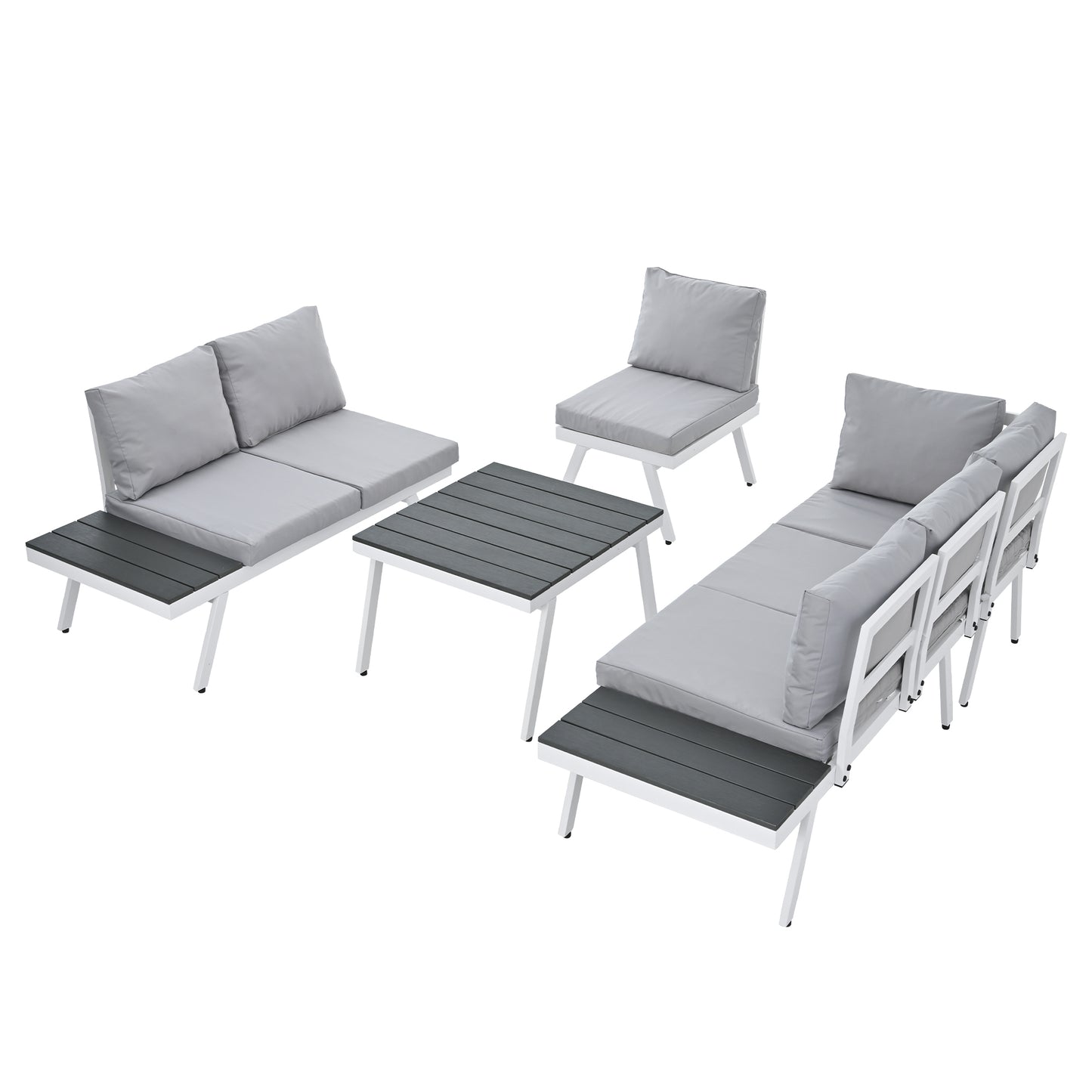 Aluminum Outdoor Patio Furniture Set with End Tables and Coffee Table, White and Grey Sectional Sofa Set