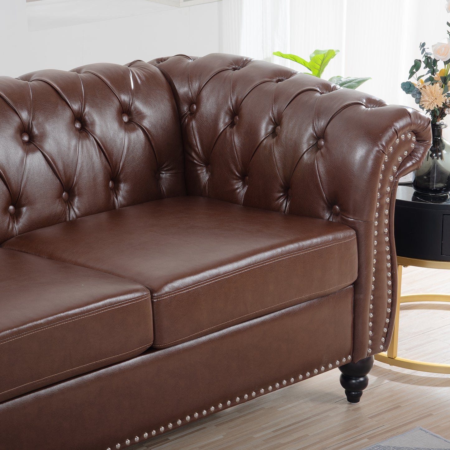 Elegant Dark Brown 84.65 PU Leather Chesterfield Three Seater Sofa with Rolled Arms