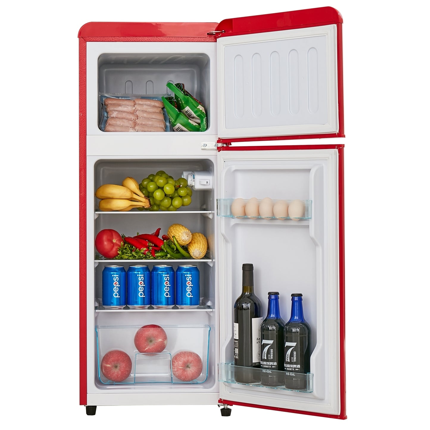 Compact Dual Zone Refrigerator with 3.3 Cu.Ft Fridge + 1.2 Cu.Ft 4-Star Freezer, 7 Temperature Settings, 45 dB, Red, Silver Handles, LED Lighting, Adjustable Shelves