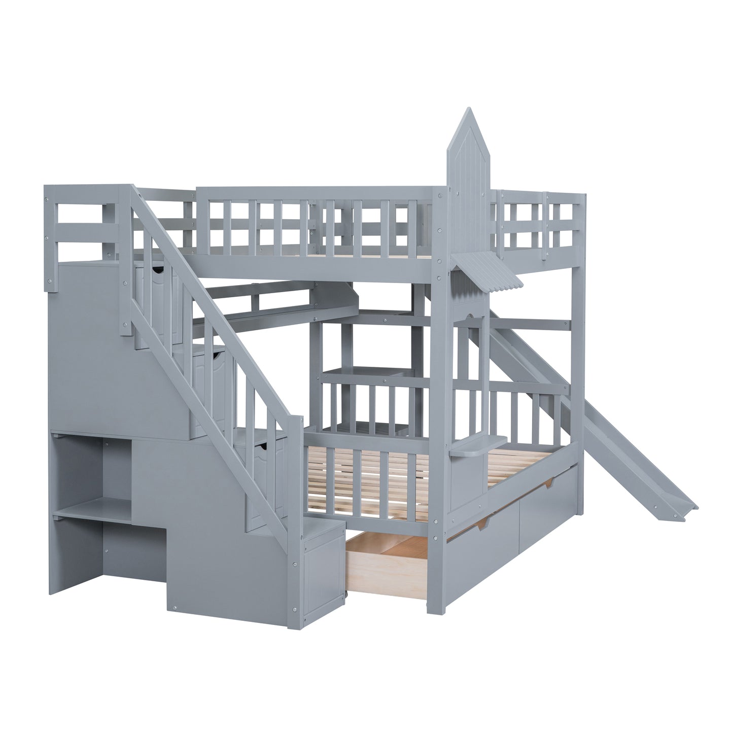 Castle Loft Bunk Bed with Slide, Drawers, and Shelves - Gray: Magical Castle Style Loft Bed with Slide, Drawers, and Shelves