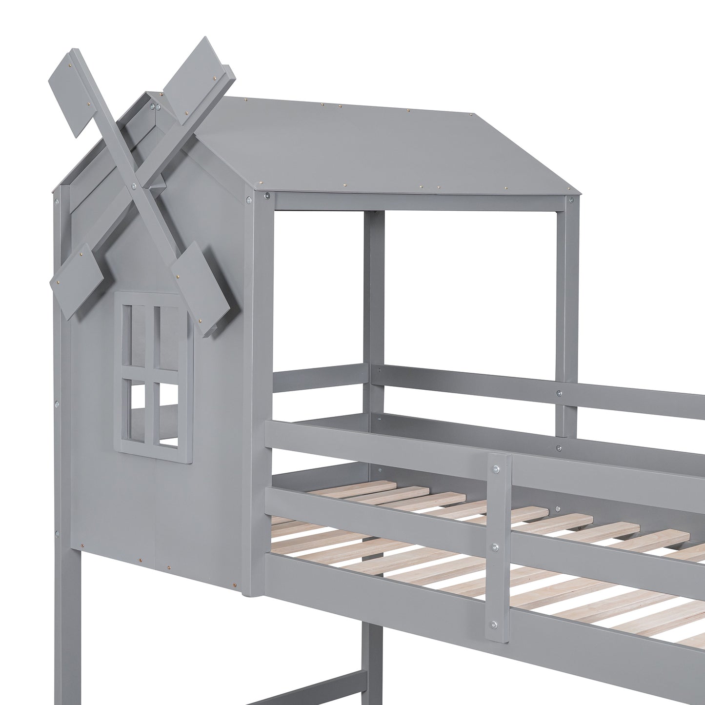 Gray Windmill Twin Bunk Bed with Roof and Window