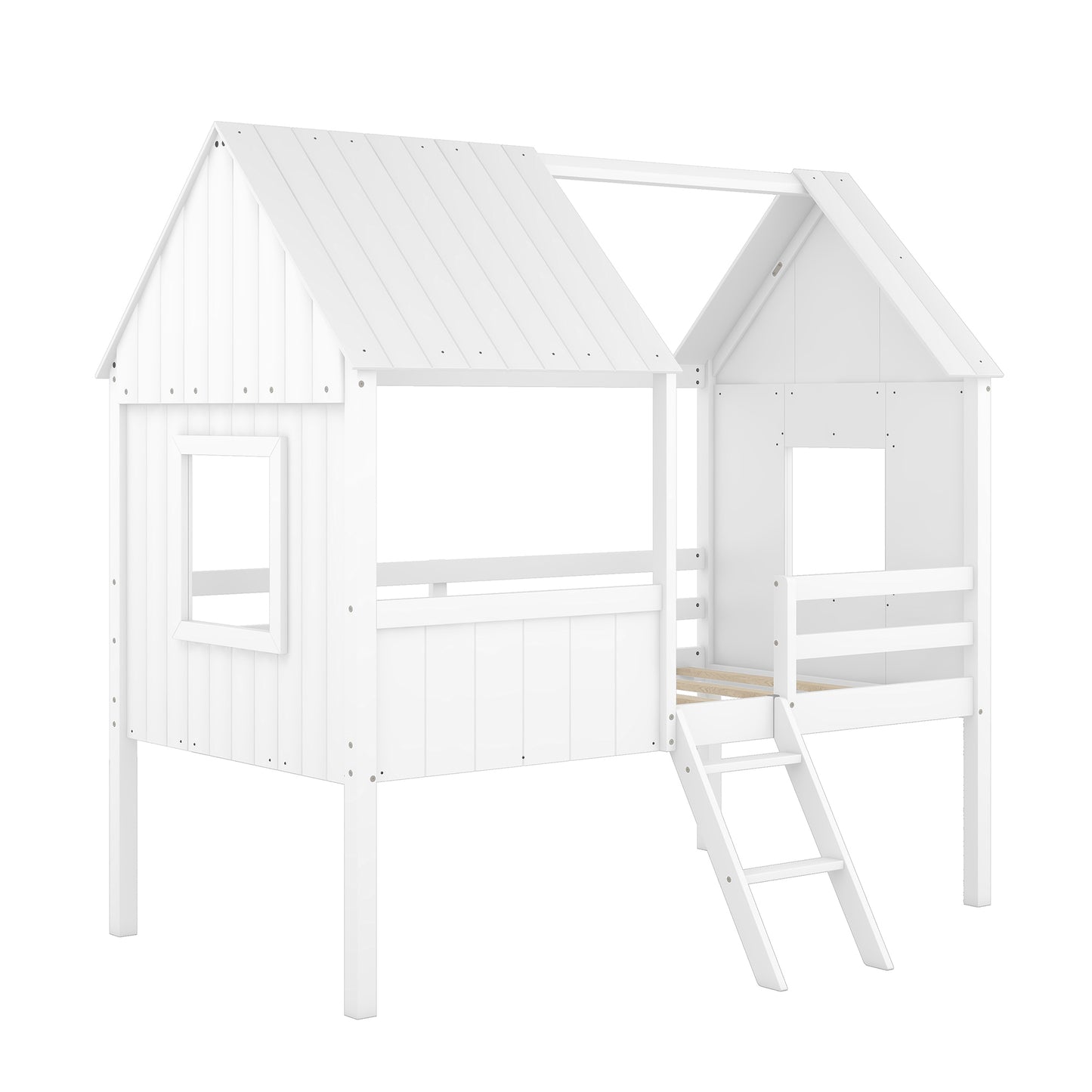 Twin Size Low Loft Wood House Bed with Two Side Windows  (White)