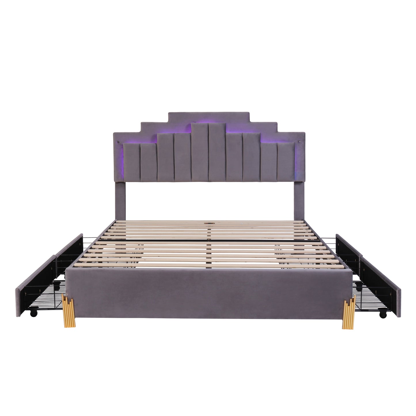 Queen Size Upholstered Platform Bed with LED Lights and 4 Drawers, Stylish Irregular Metal Bed Legs Design, Gray