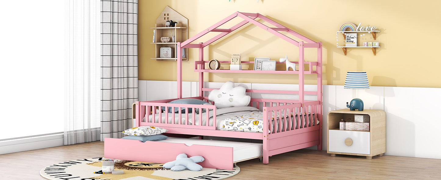 Wooden Full Size House Bed with Twin Size Trundle,Kids Bed with Shelf, Pink