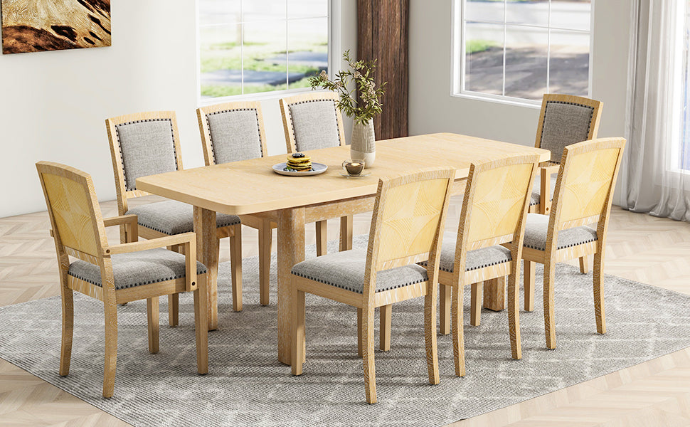 Rustic Extendable 84inch Dining Table Set with 24inch Removable Leaf , 6 Upholstered Armless Dining Chairs and 2 Padded Arm Chairs, 9 Pieces, Natural