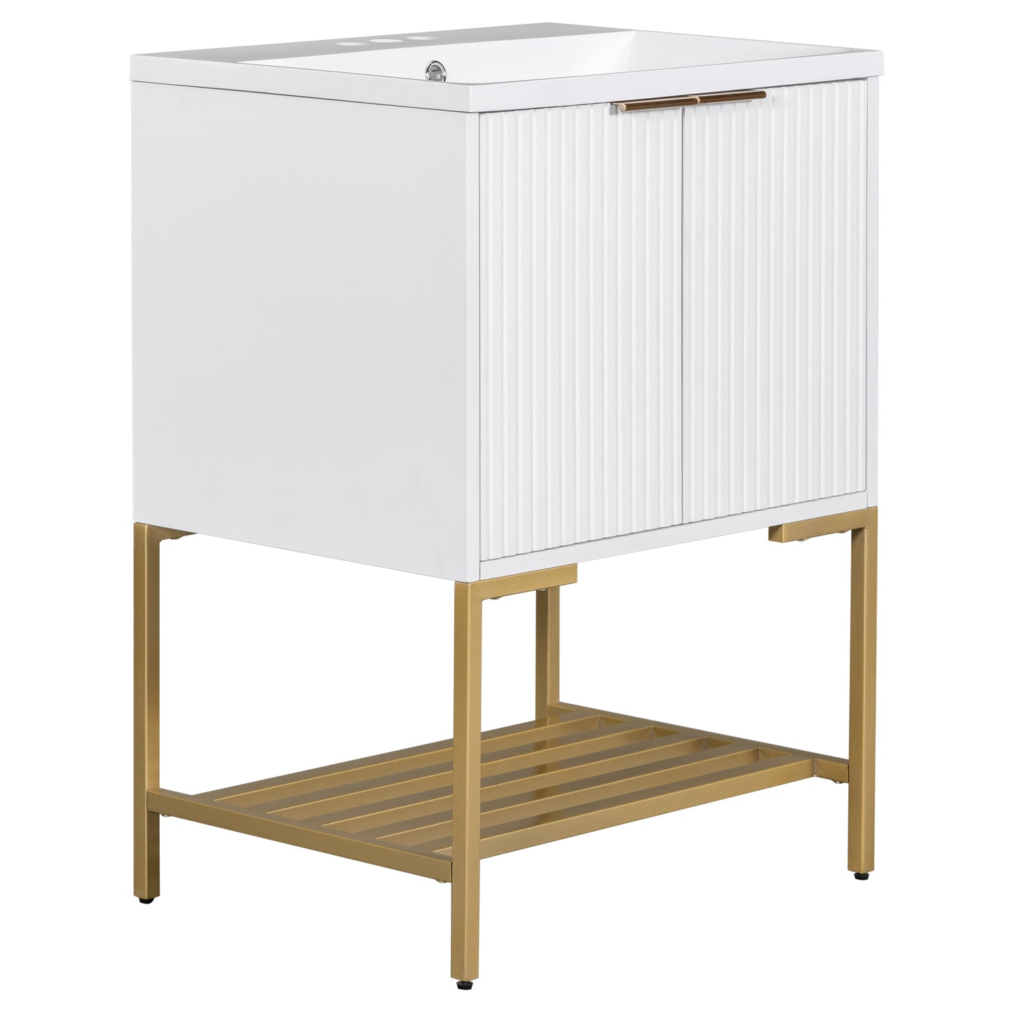 24" Bathroom Vanity with Sink, Bathroom Vanity Cabinet with Two Doors and Gold Metal Frame, Open Storage Shelf, White