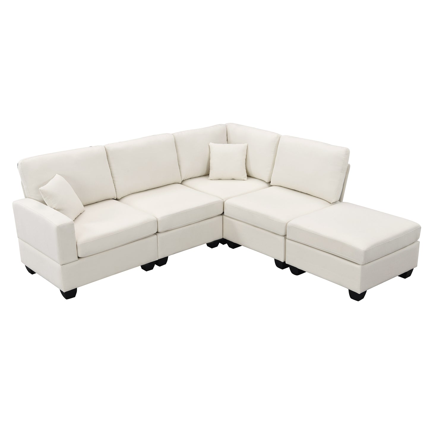 Contemporary 5-Seat L-Shaped Linen Sectional Sofa Set with Convertible Ottoman