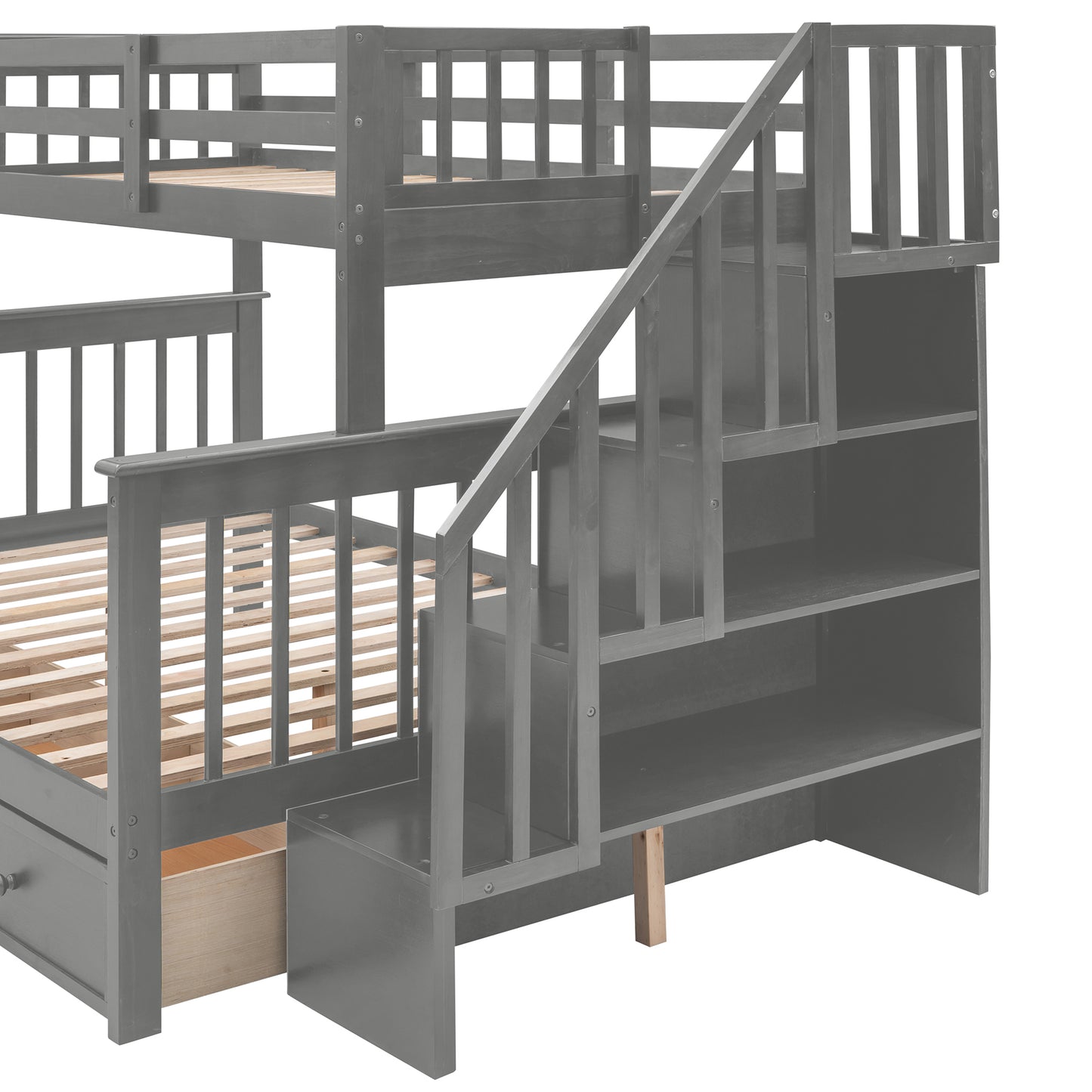 Stylish Gray Stairway Bunk Bed Set with Drawer and Storage for Bedroom