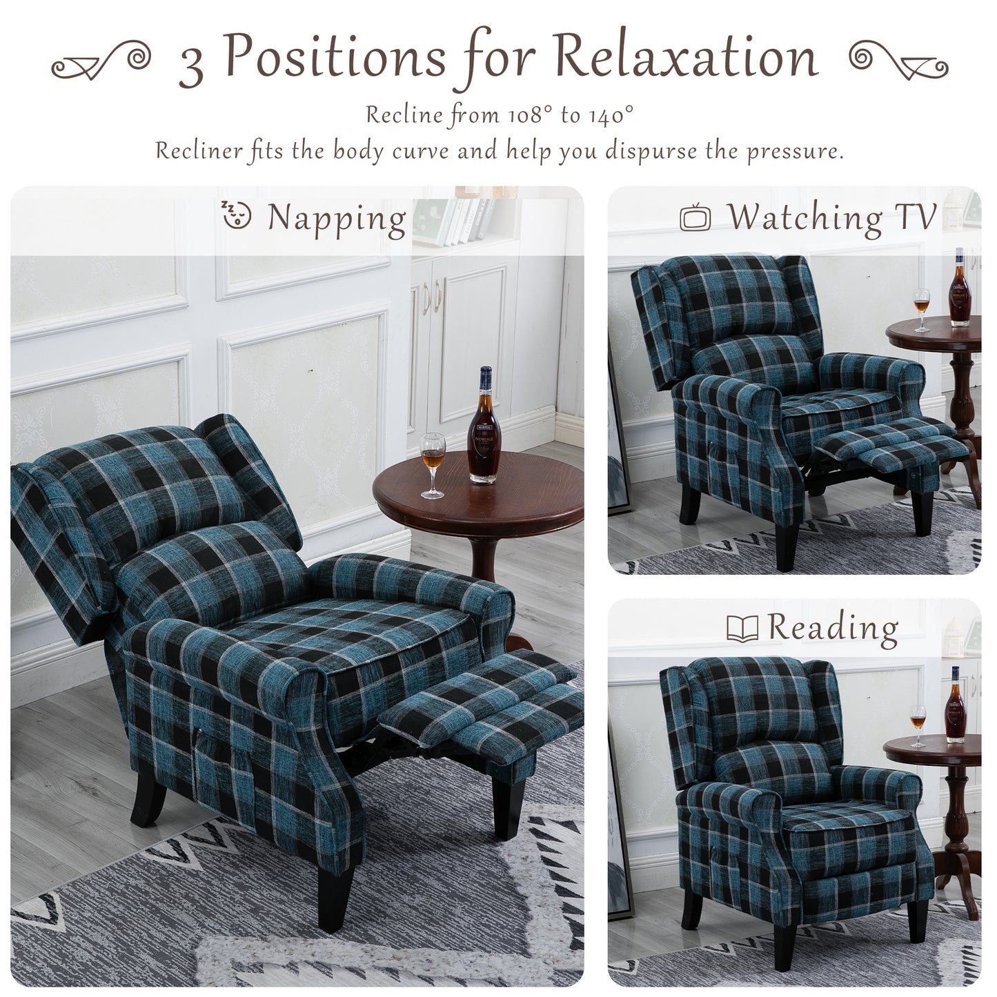 Vintage Armchair Sofa Comfortable Upholstered leisure chair / Recliner Chair for Living Room(Blue Check)