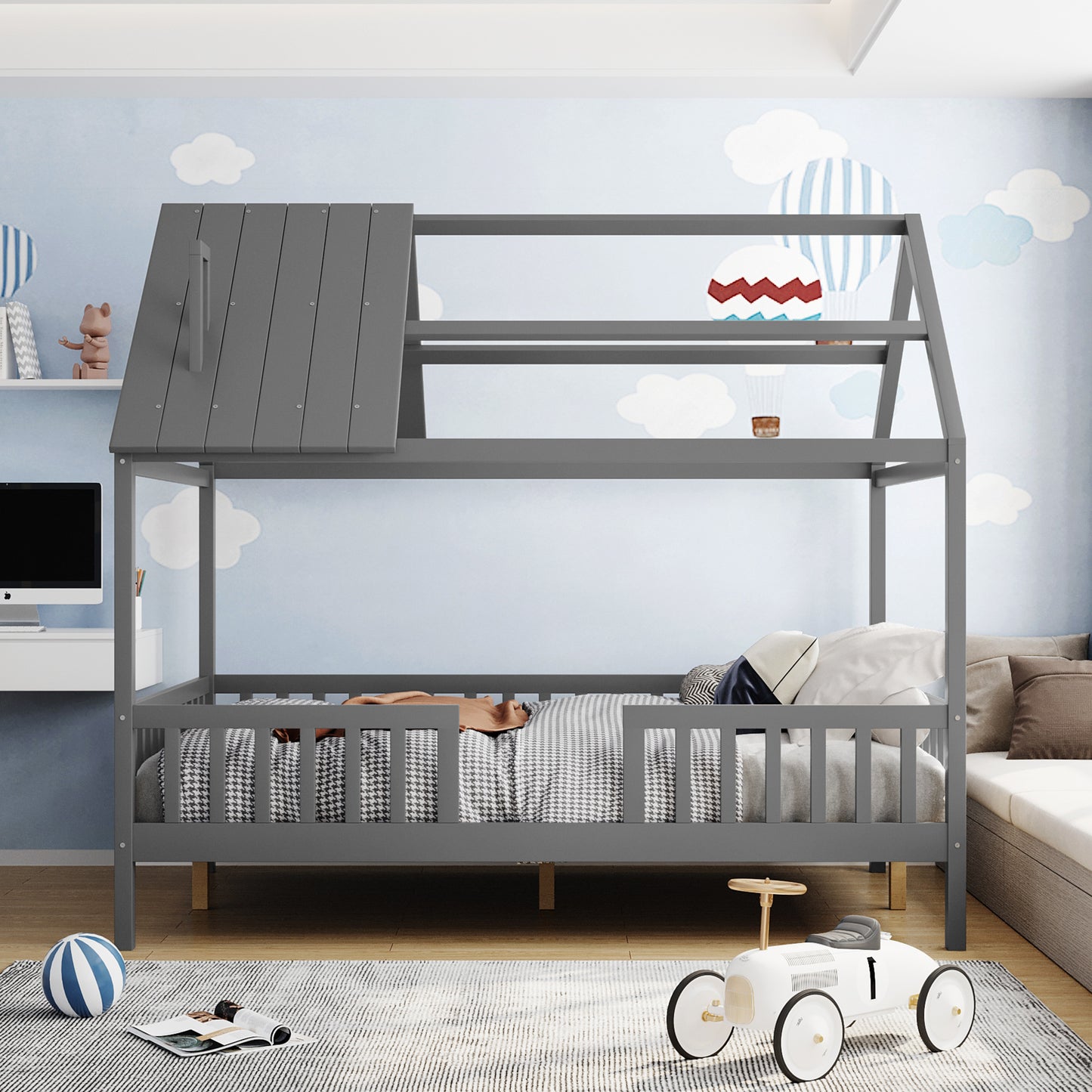 Full Size Wood House Bed with Fence, Gray