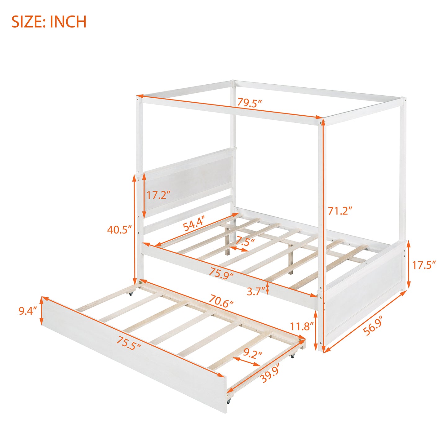 Wood Canopy Bed with Trundle Bed ,Full Size Canopy Platform bed With  Support Slats .No Box Spring Needed, Brushed White