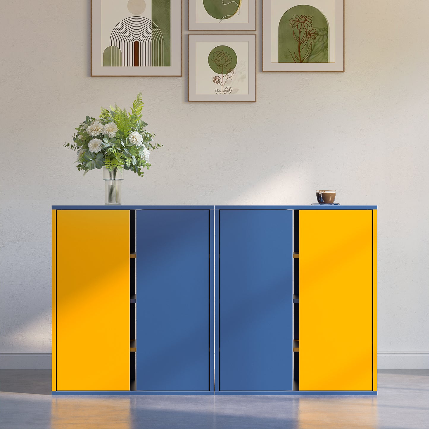 Cabinet for Storage and Coffee Bar, Modern Style, Large Capacity, Yellow & Blue