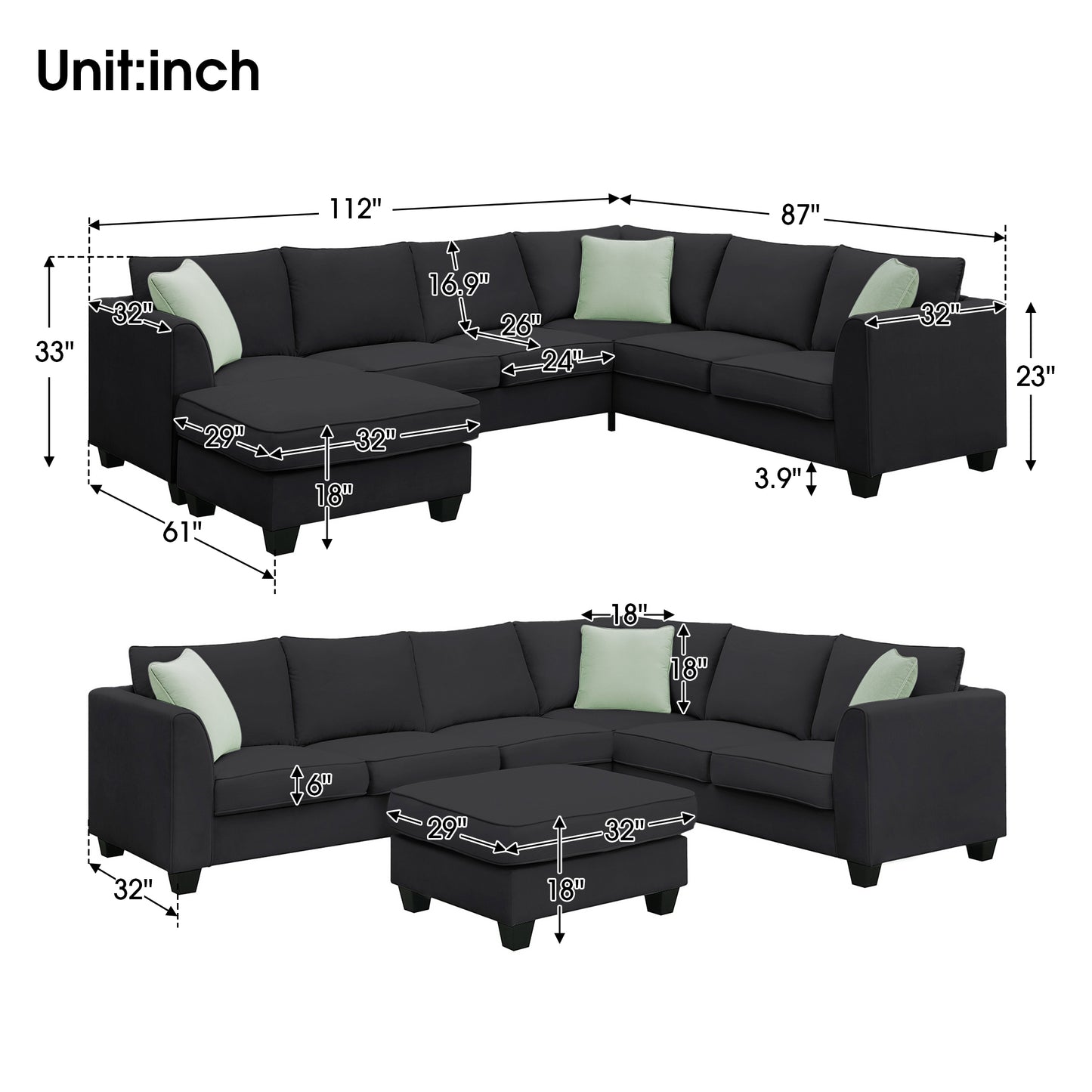 L-Shaped Black Sectional Couch Set with Ottoman and Pillows