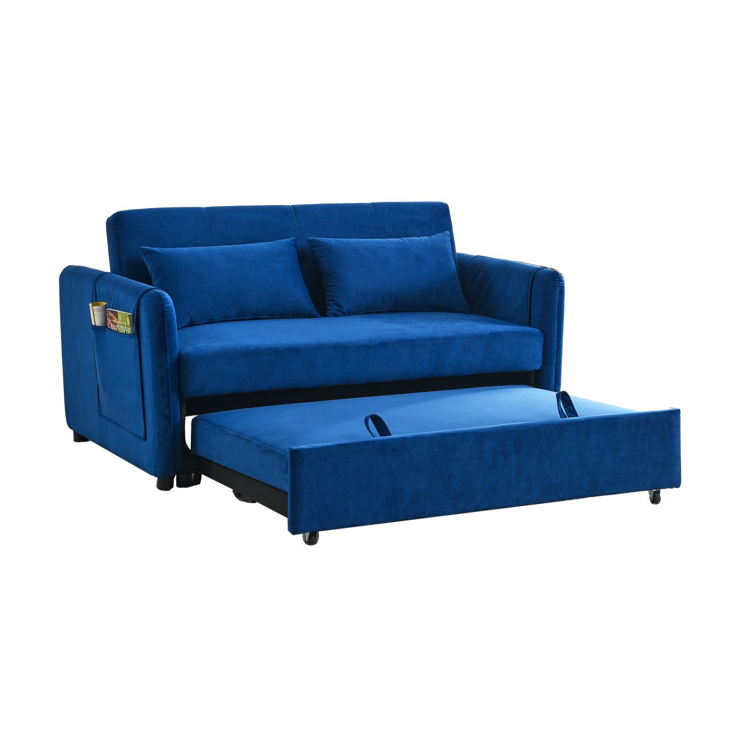 Convertible Sofa Bed, 3-in-1 Versatile Velvet Double Sofa with Pullout Bed, Seat with Adjustable Backrest, Lumbar Pillows, and Living Room Side Pockets, 54 Inch, Blue