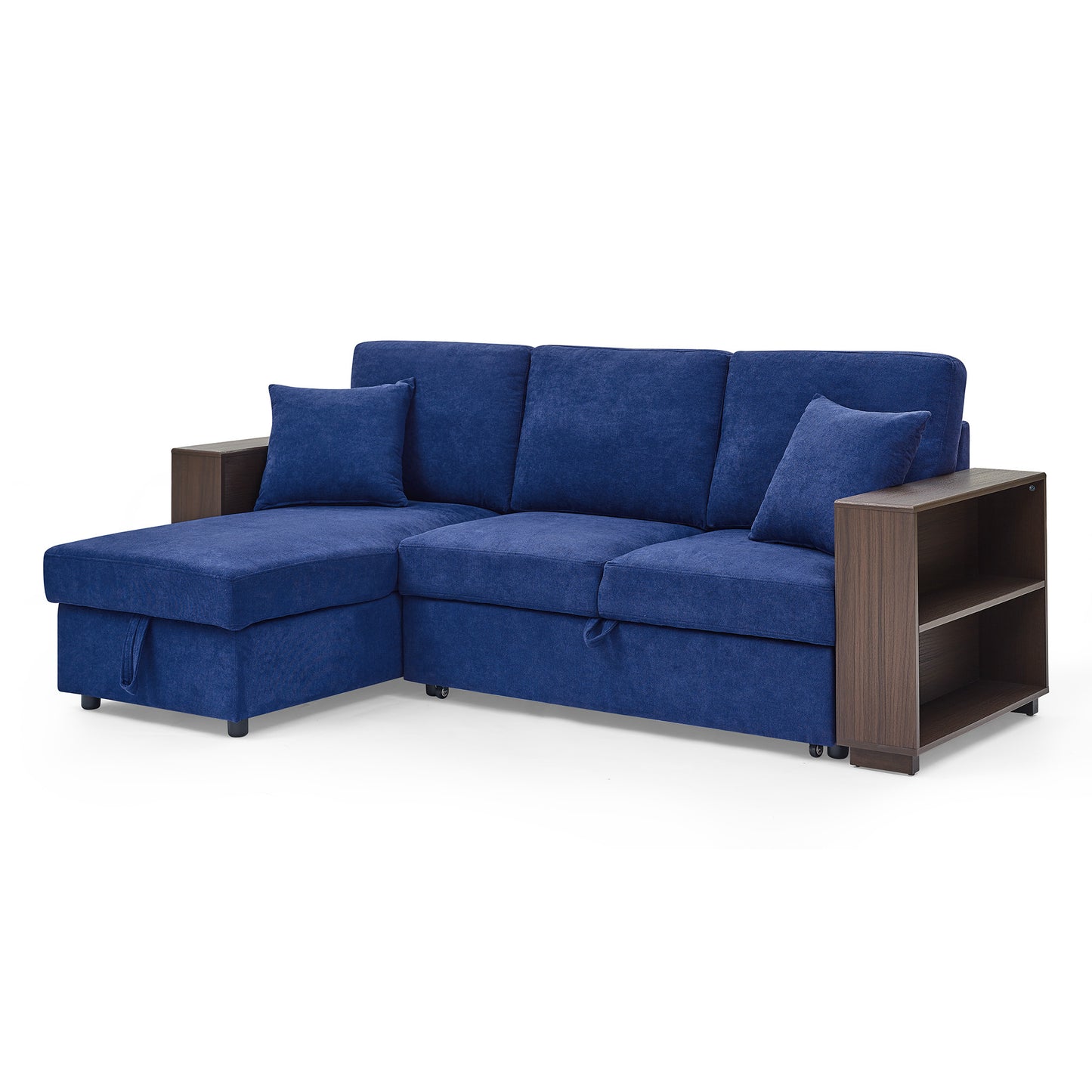 Sectional Sofa with Pulled Out Bed, 2 Seats Sofa and Reversible Chaise with Storage, MDF Shelf Armrest, Two Pillows, Navy Blue, (88" x52" x 34")