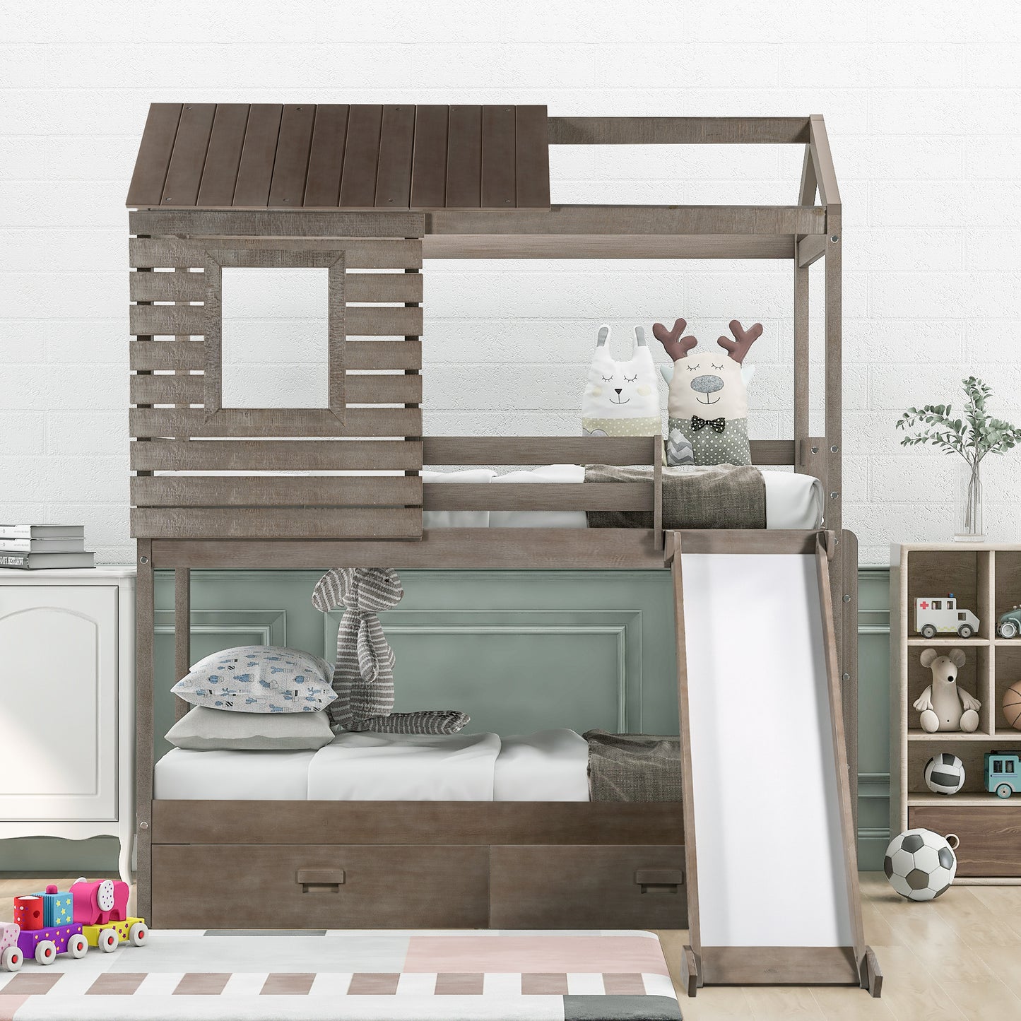 House-Shaped Twin Over Twin Bunk Bed with Slide, Storage Drawers, and Antique Gray Wood Finish