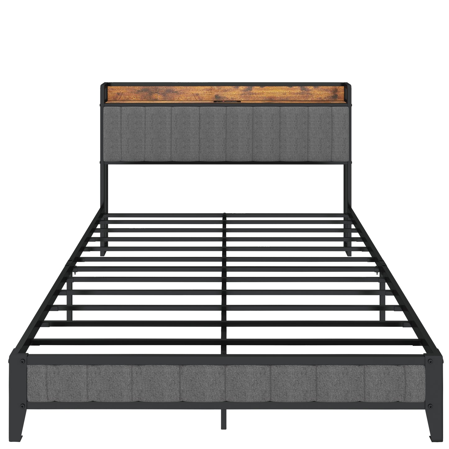 Queen Size Bed Frame with Charging Station, Upholstered Headboard, Metal Platform, Grey