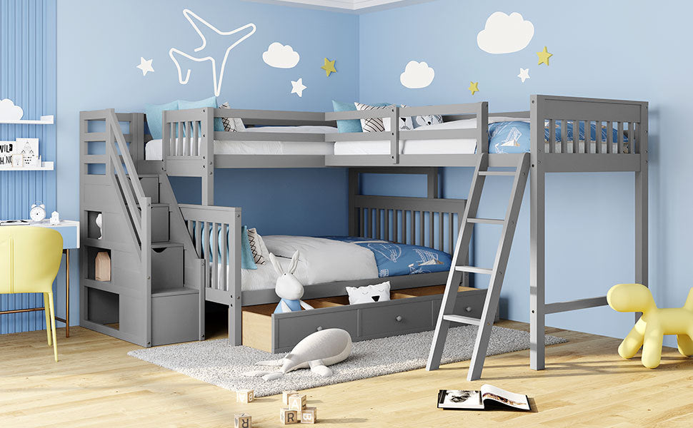 Gray Twin over Full L-Shaped Bunk Bed with Storage Drawers